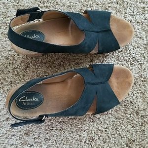 Clarks Artisan Dark Blue Suede Cork Wedge Shoes
